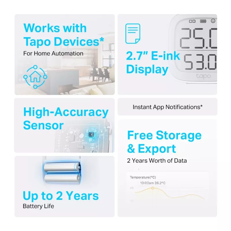 TP-Link Tapo viedais temperatūras un mitruma monitors, iekštelpām, temperatūras un mitruma sensors, brīvi stāvošs, bezvadu, -20 - 60 °C, 0 - 99%