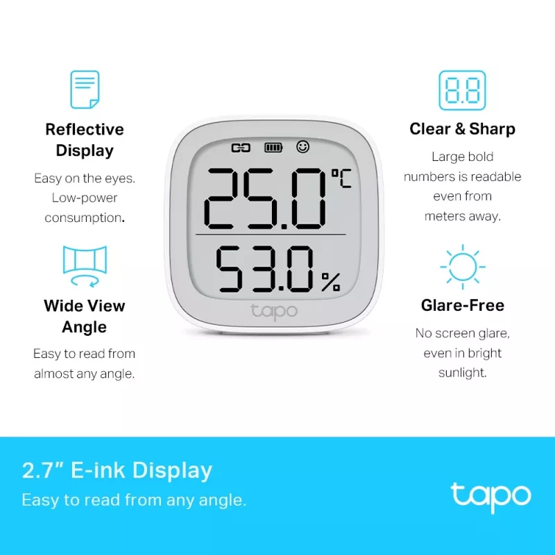 TP-Link Tapo viedais temperatūras un mitruma monitors, iekštelpām, temperatūras un mitruma sensors, brīvi stāvošs, bezvadu, -20 - 60 °C, 0 - 99%