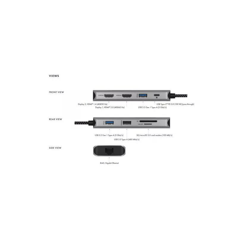 ICY BOX IB-DK4012-CPD vadu USB 3.2 Gen 1 (3.1 Gen 1) Type-C Antracīts, Melns