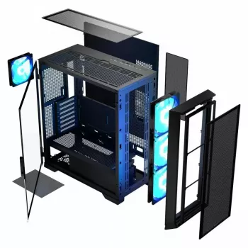 PC korpuss MODECOM Horizon ARGB FLOW MIDI Melns — E-ATX atbalsts, rūdīts stikls, ARGB, USB-C, maks. GPU 400 mm