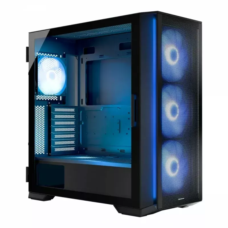 PC korpuss MODECOM Horizon ARGB FLOW MIDI Melns — E-ATX atbalsts, rūdīts stikls, ARGB, USB-C, maks. GPU 400 mm