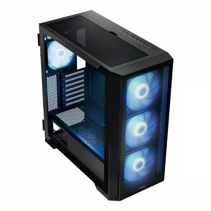 PC korpuss MODECOM Horizon ARGB FLOW MIDI Melns — E-ATX atbalsts, rūdīts stikls, ARGB, USB-C, maks. GPU 400 mm