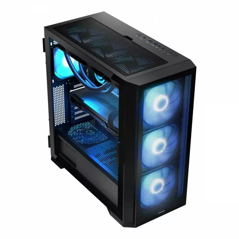PC korpuss MODECOM Horizon ARGB FLOW MIDI Melns — E-ATX atbalsts, rūdīts stikls, ARGB, USB-C, maks. GPU 400 mm