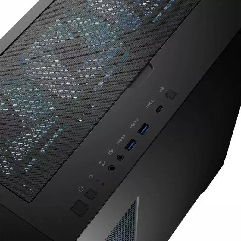 PC korpuss MODECOM Horizon ARGB FLOW MIDI Melns — E-ATX atbalsts, rūdīts stikls, ARGB, USB-C, maks. GPU 400 mm