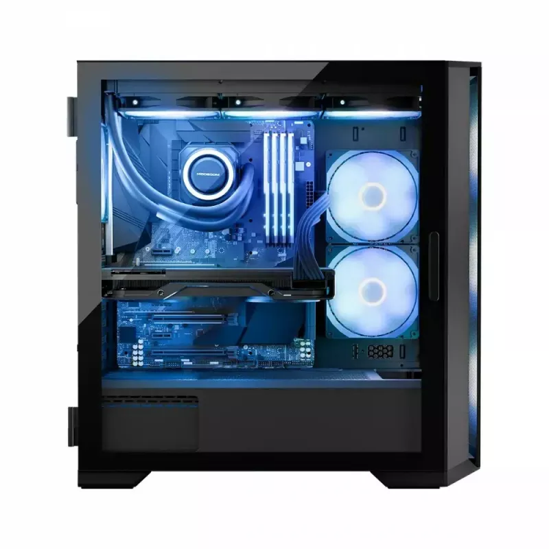 PC korpuss MODECOM Horizon ARGB FLOW MIDI Melns — E-ATX atbalsts, rūdīts stikls, ARGB, USB-C, maks. GPU 400 mm