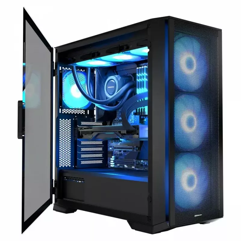 PC korpuss MODECOM Horizon ARGB FLOW MIDI Melns — E-ATX atbalsts, rūdīts stikls, ARGB, USB-C, maks. GPU 400 mm