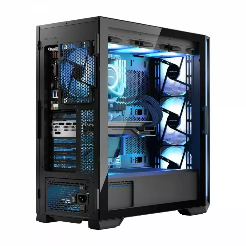 PC korpuss MODECOM Horizon ARGB FLOW MIDI Melns — E-ATX atbalsts, rūdīts stikls, ARGB, USB-C, maks. GPU 400 mm