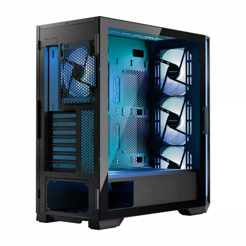 PC korpuss MODECOM Horizon ARGB FLOW MIDI Melns — E-ATX atbalsts, rūdīts stikls, ARGB, USB-C, maks. GPU 400 mm