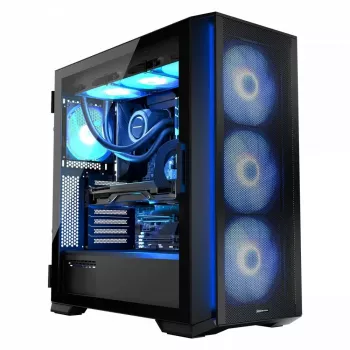 PC korpuss MODECOM Horizon ARGB FLOW MIDI Melns — E-ATX atbalsts, rūdīts stikls, ARGB, USB-C, maks. GPU 400 mm