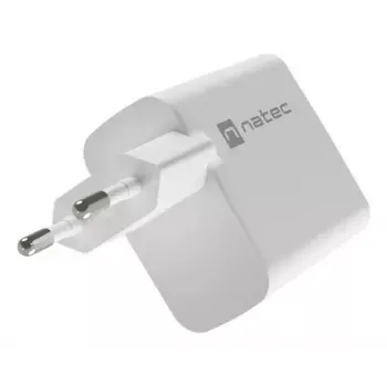 NATEC maiņstrāvas vadu mobilo ierīču lādētājs NUC-2142, USB-C PD 3.0 + USB-A, 5–20 V līdz 3 A, 45 W, balts