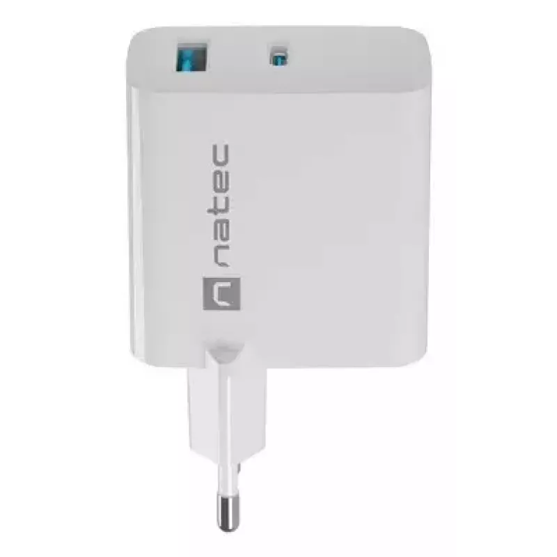 NATEC maiņstrāvas vadu mobilo ierīču lādētājs NUC-2142, USB-C PD 3.0 + USB-A, 5–20 V līdz 3 A, 45 W, balts