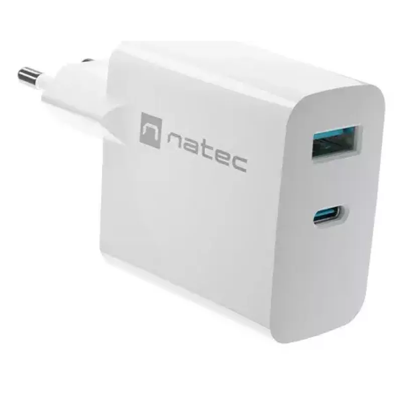 NATEC maiņstrāvas vadu mobilo ierīču lādētājs NUC-2142, USB-C PD 3.0 + USB-A, 5–20 V līdz 3 A, 45 W, balts