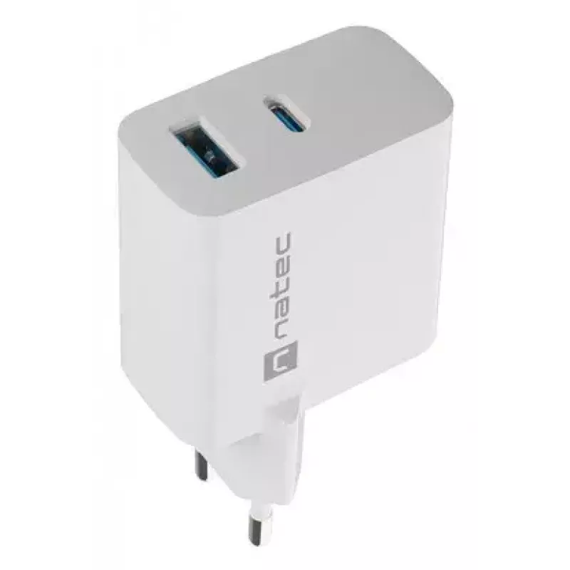 NATEC maiņstrāvas vadu mobilo ierīču lādētājs NUC-2142, USB-C PD 3.0 + USB-A, 5–20 V līdz 3 A, 45 W, balts