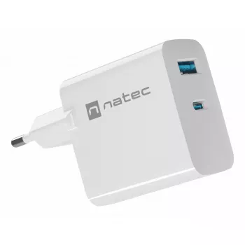 NATEC maiņstrāvas vadu mobilo ierīču lādētājs NUC-2142, USB-C PD 3.0 + USB-A, 5–20 V līdz 3 A, 45 W, balts