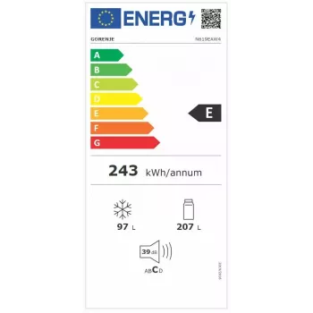 Brīvi stāvošs ledusskapis‑saldētava Gorenje N619EAW4 — 304 l kopējā tilpums (207 l ledusskapja, 97 l saldētavas), No Frost, LED displejs, labās puses eņģes, 39 dB