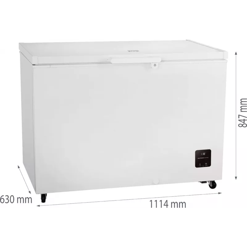 Lādes saldētava Gorenje FH30EAW — 297 L lietderīgā tilpība, energoefektivitātes klase E, brīvstāvoša, ar displeju, balta