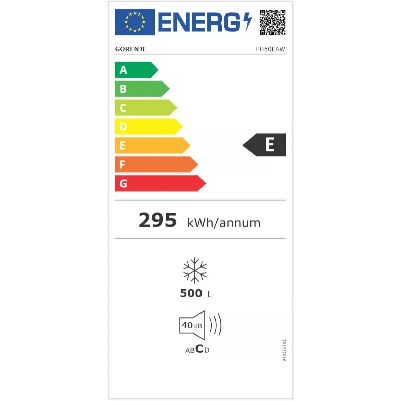 Lādes saldētava Gorenje FH50EAW — 500 L, brīvi stāvoša, 84,7 cm augstums, energoefektivitātes klase E, balta