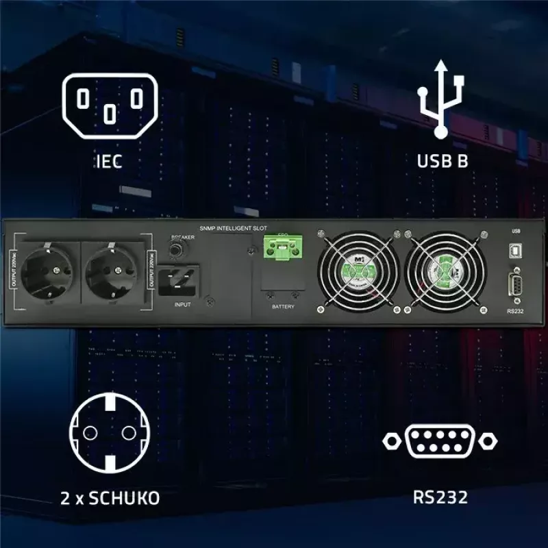 Rack UPS QOLTEC 52286 2 kVA (2000 W) Jaudas koeficients 1.0, uzstādāms statnē