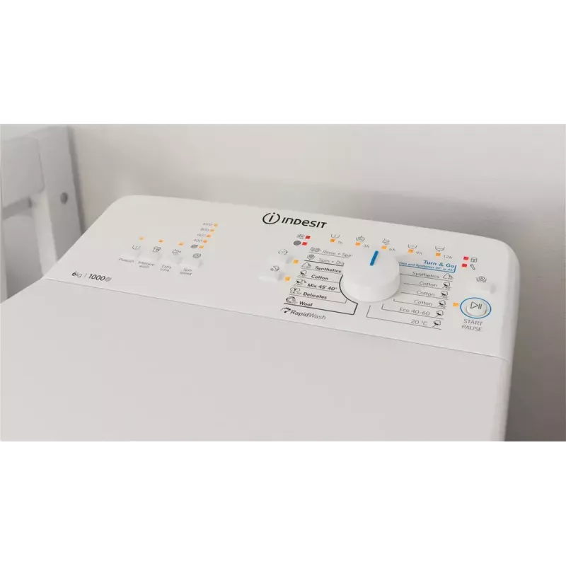 Augšas ielādes veļas mašīna Indesit BTW L60400 EE/N — 6 kg, 1000 apgr./min, 400×600×900 mm, balta