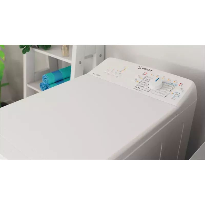 Augšas ielādes veļas mašīna Indesit BTW L60400 EE/N — 6 kg, 1000 apgr./min, 400×600×900 mm, balta