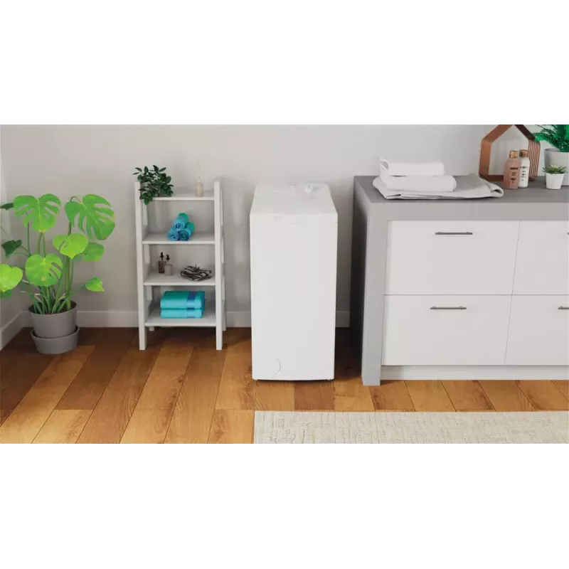 Augšas ielādes veļas mašīna Indesit BTW L60400 EE/N — 6 kg, 1000 apgr./min, 400×600×900 mm, balta