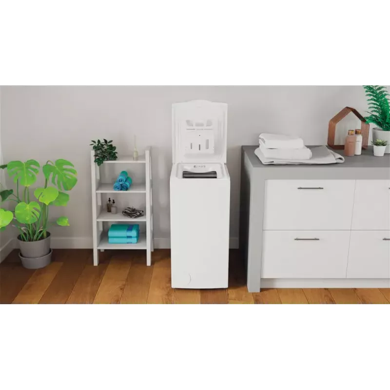 Augšas ielādes veļas mašīna Indesit BTW L60400 EE/N — 6 kg, 1000 apgr./min, 400×600×900 mm, balta