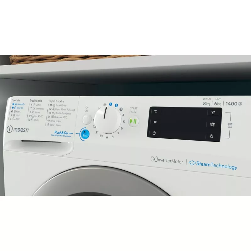 Veļas mazgājamā un žāvējamā mašīna Indesit BDE 86436 WSV EE — 6 kg, 1400 apgr./min, Balta, 595×540×850 mm