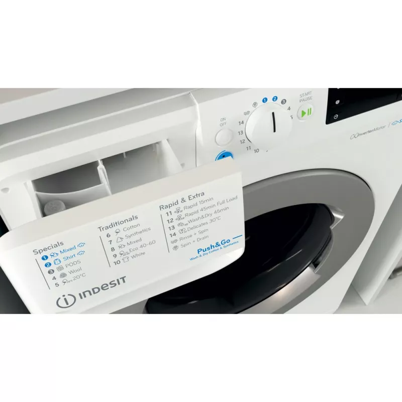 Veļas mazgājamā un žāvējamā mašīna Indesit BDE 86436 WSV EE — 6 kg, 1400 apgr./min, Balta, 595×540×850 mm