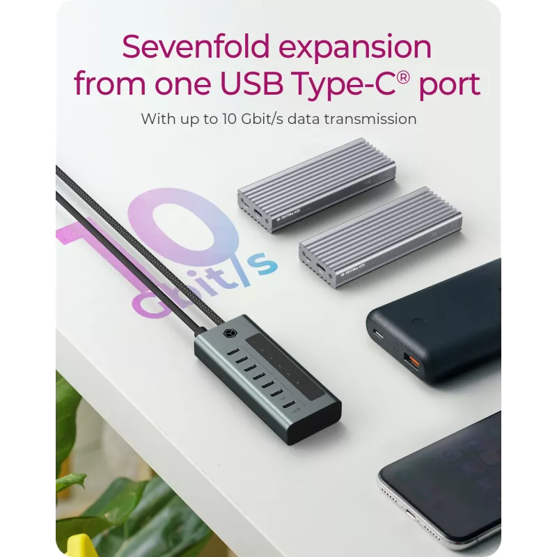 ICY BOX IB-HUB1457-C31 USB 3.2 Gen 1 (3.1 Gen 1) Type-C 10000 Mbit/s Zila, Pelēka