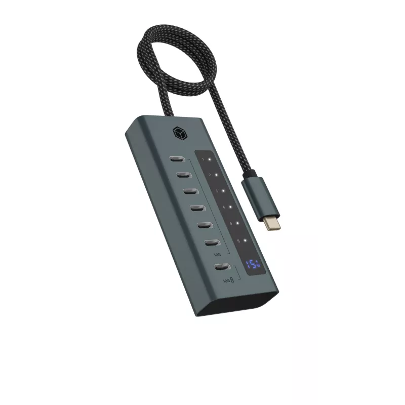 ICY BOX IB-HUB1457-C31 USB 3.2 Gen 1 (3.1 Gen 1) Type-C 10000 Mbit/s Zila, Pelēka