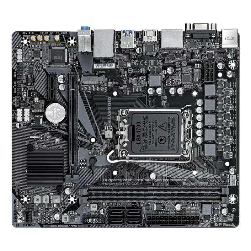GIGABYTE H610M S2H V3 DDR4 mātesplate - atbalsta Intel Core 14. paaudzes CPU, 4+1+1 hibrīda digitālo VRM, līdz 3200 MHz DDR4, 1xPCIe 3.0 M.2, GbE LAN, USB 3.2 Gen 1