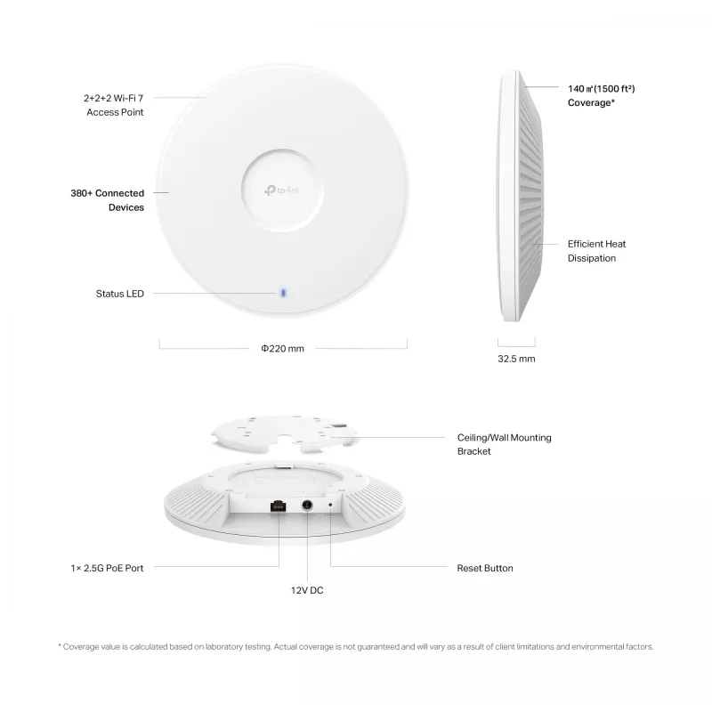 TP-Link Omada BE9300 Pie griestiem montējams trīs joslu Wi-Fi 7 piekļuves punkts