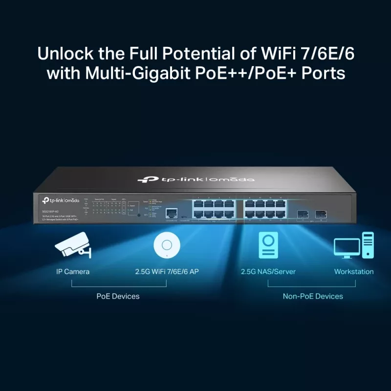 TP-Link Omada 16 portu 2.5G un 2 portu 10GE SFP+ L2+ pārvaldāms slēdzis ar 8 portu PoE+