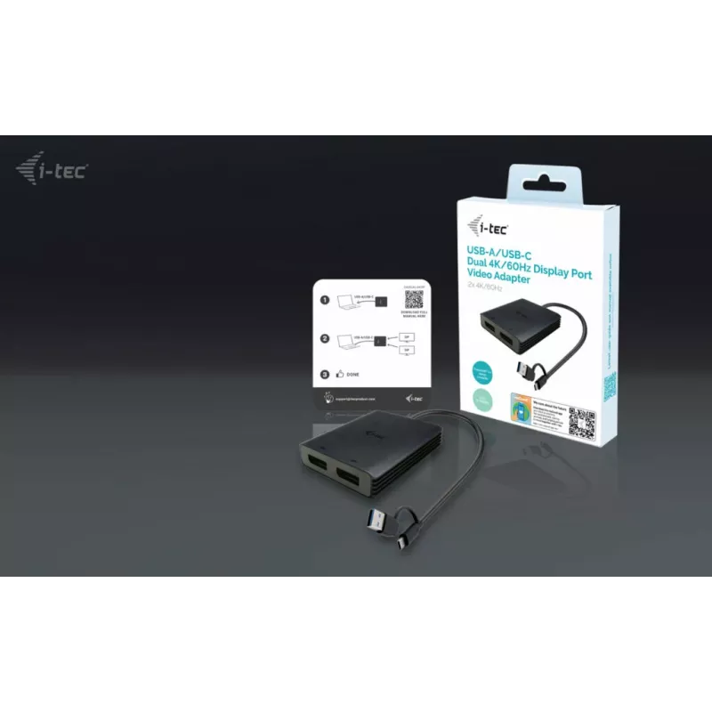 i-tec USB-A/USB-C Dual 4K/60 Hz DisplayPort Video Adapter, 0.27 m, USB Type-A/USB Type-C, 2 x DisplayPort, Vīrišķais, Sievišķais, 3840 x 2160 pikseļi