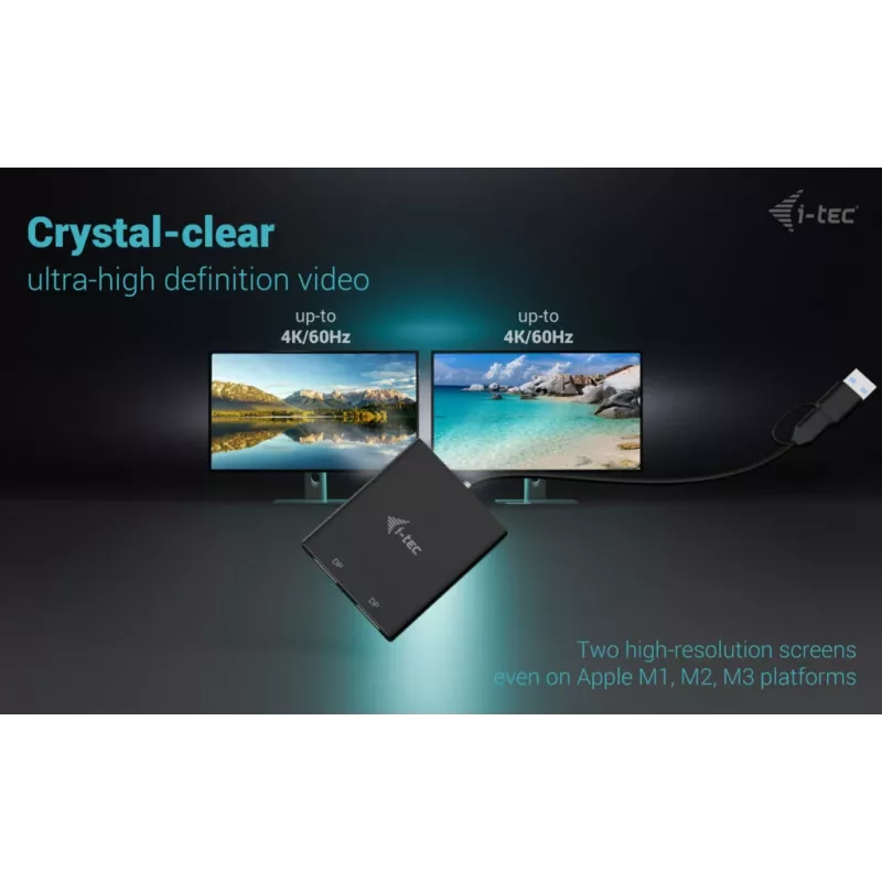 i-tec USB-A/USB-C Dual 4K/60 Hz DisplayPort Video Adapter, 0.27 m, USB Type-A/USB Type-C, 2 x DisplayPort, Vīrišķais, Sievišķais, 3840 x 2160 pikseļi