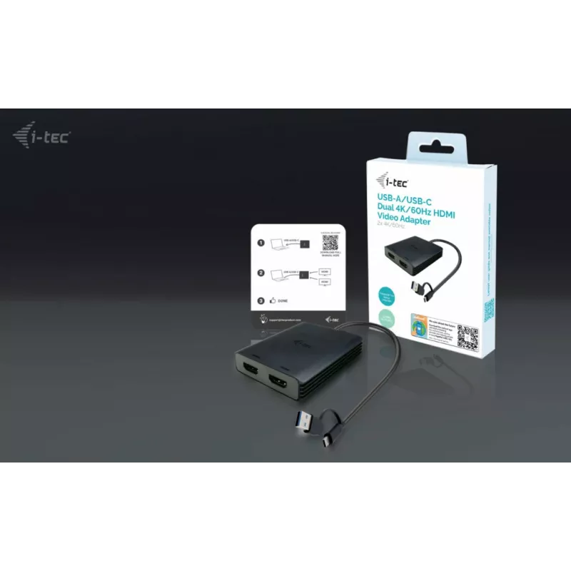i-tec USB-A/USB-C Dual 4K/60 Hz HDMI video adapteris, 0,27 m, USB Type-A/USB Type-C, 2 x HDMI, vīrišķais, sievišķais, 3840 x 2160 pikseļi
