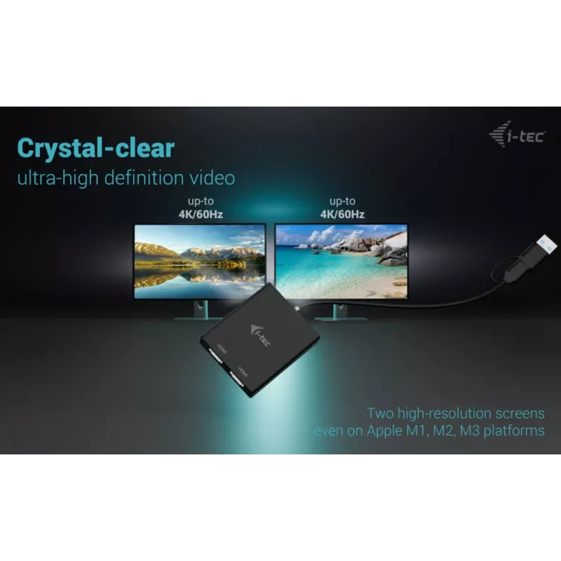 i-tec USB-A/USB-C Dual 4K/60 Hz HDMI video adapteris, 0,27 m, USB Type-A/USB Type-C, 2 x HDMI, vīrišķais, sievišķais, 3840 x 2160 pikseļi