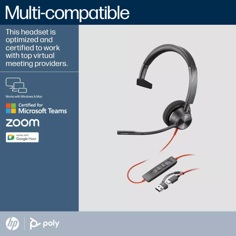 HP Poly Melnswire 3310 mono austiņas, Microsoft Teams sertificētas, USB-C + USB-C/A adapteris