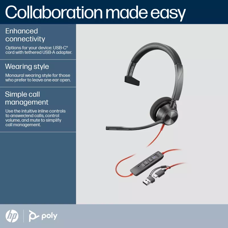 HP Poly Melnswire 3310 mono austiņas, Microsoft Teams sertificētas, USB-C + USB-C/A adapteris