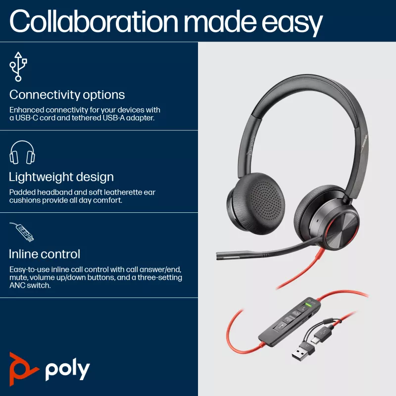 HP Poly Melnswire 8225 Stereo USB-C Headset +USB-C/A Adapter