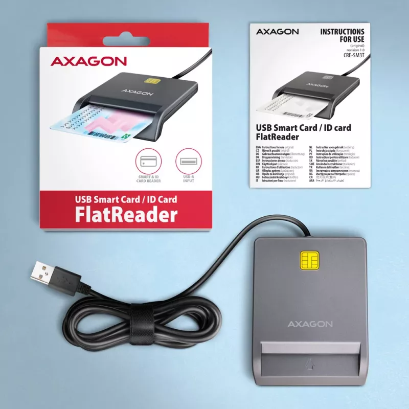 Axagon CRE-SM3T USB-A viedkaršu / ID karšu plakanais lasītājs, USB 2.0, 1,3 m, melns, 56 g