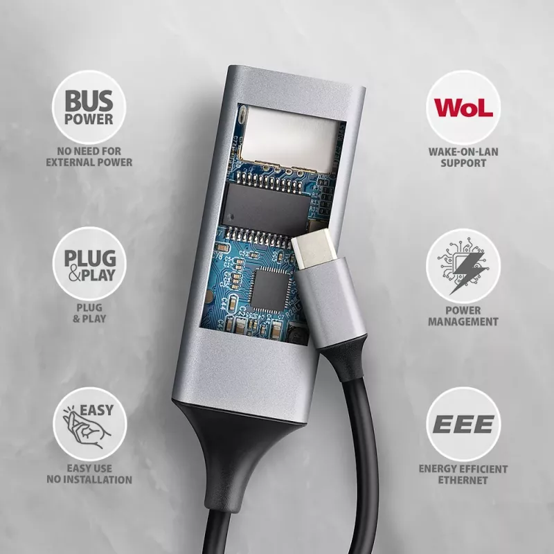 Axagon ADE-TXPD USB-C Gigabit Ethernet adapteris ar PD 100W
