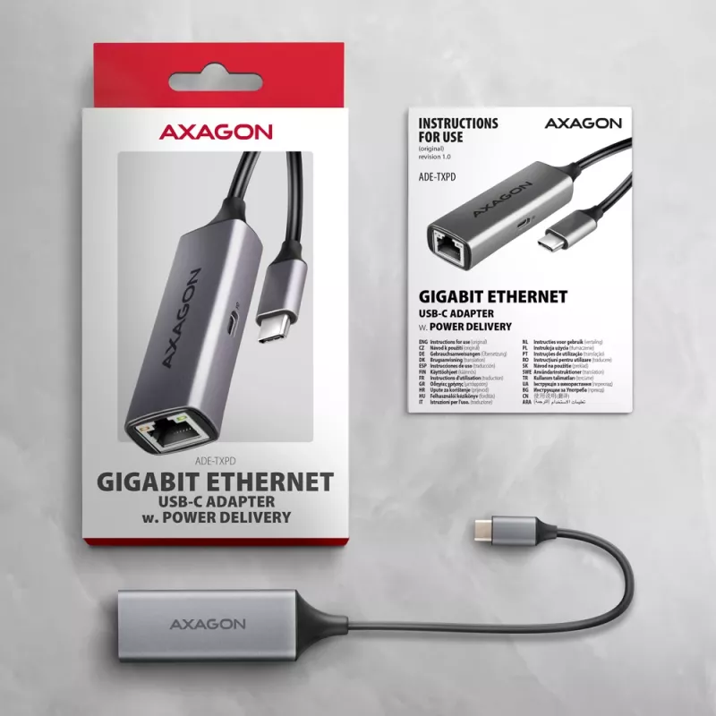 Axagon ADE-TXPD USB-C Gigabit Ethernet adapteris ar PD 100W