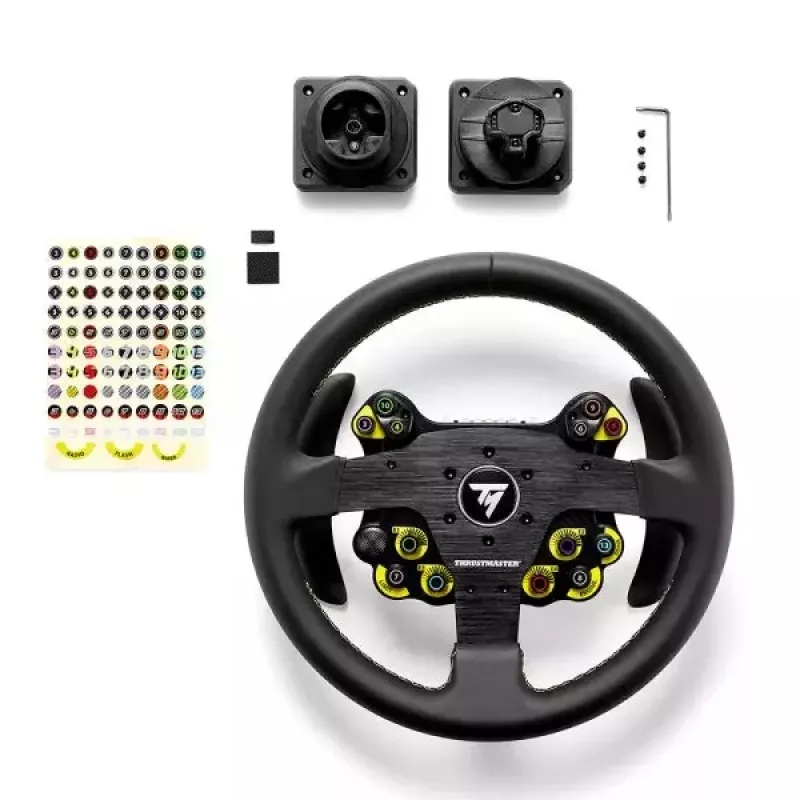 Thrustmaster Evo Racing 32R Leather melns, dzeltens stūre PC, PlayStation 4, PlayStation 5, Xbox, Xbox One
