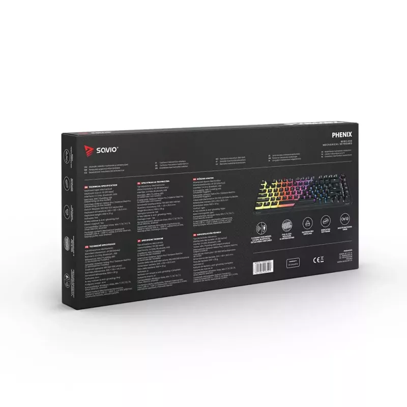 Spēļu tastatūra Savio SAVGK-PHENIX dzeltena USB RF bezvadu Bluetooth mehāniskā 82 taustiņi RGB