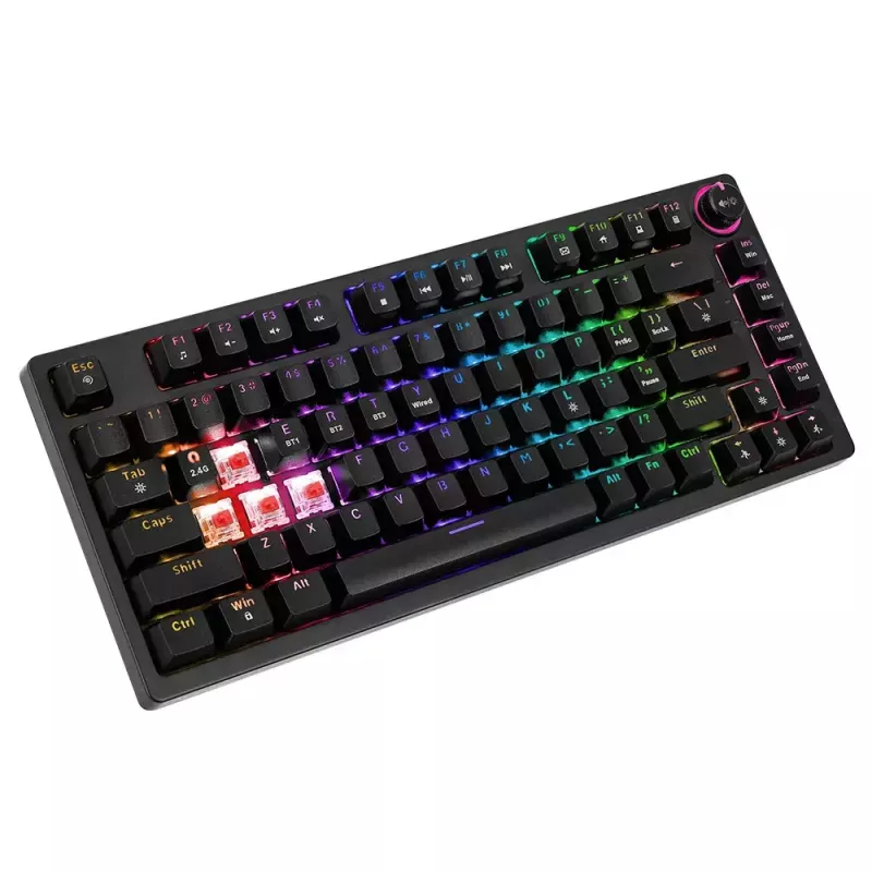 Spēļu tastatūra Savio SAVGK-PHENIX dzeltena USB RF bezvadu Bluetooth mehāniskā 82 taustiņi RGB