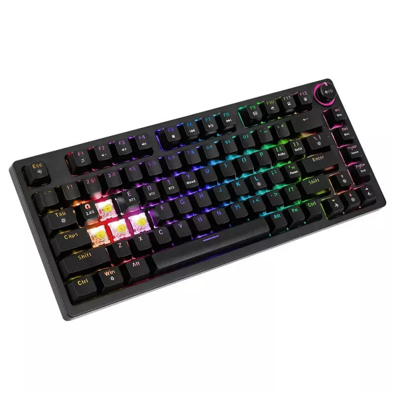 Spēļu tastatūra Savio SAVGK-PHENIX dzeltena USB RF bezvadu Bluetooth mehāniskā 82 taustiņi RGB
