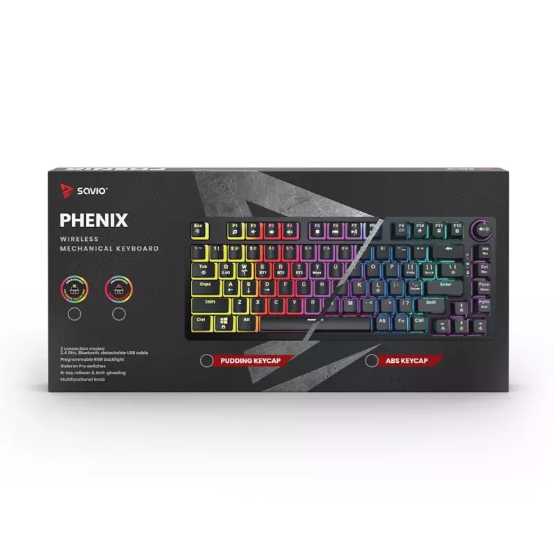Spēļu tastatūra Savio SAVGK-PHENIX dzeltena USB RF bezvadu Bluetooth mehāniskā 82 taustiņi RGB