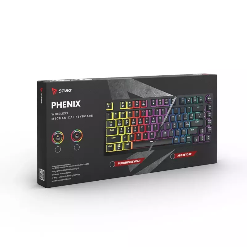 Spēļu tastatūra Savio SAVGK-PHENIX dzeltena USB RF bezvadu Bluetooth mehāniskā 82 taustiņi RGB