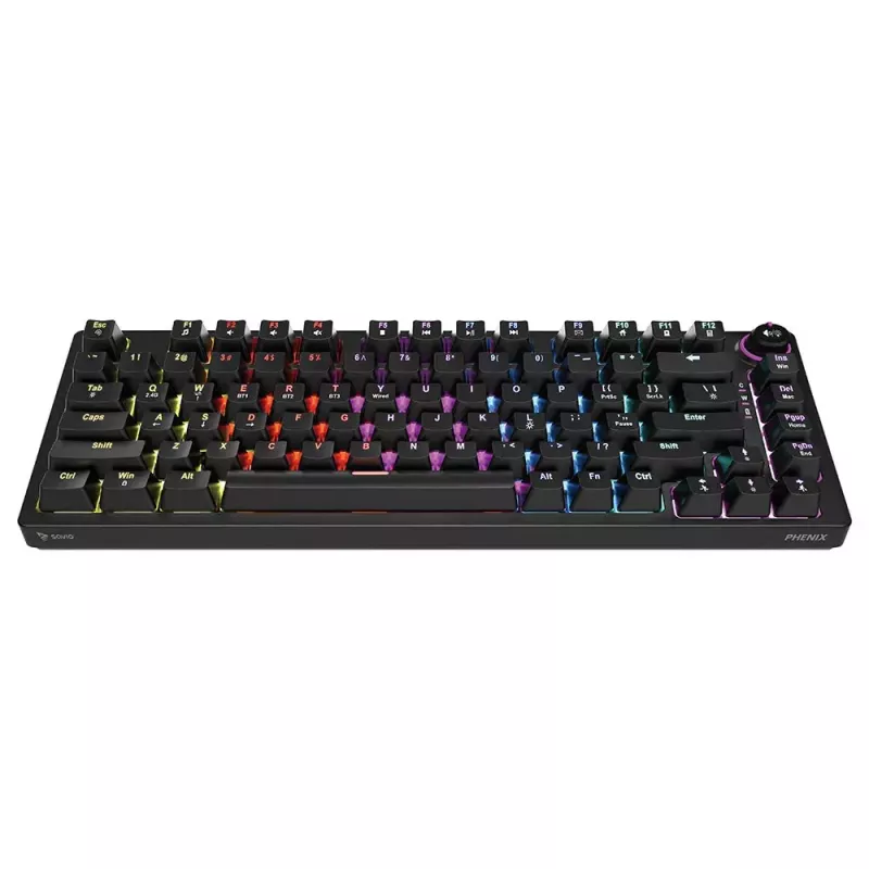 Spēļu tastatūra Savio SAVGK-PHENIX dzeltena USB RF bezvadu Bluetooth mehāniskā 82 taustiņi RGB